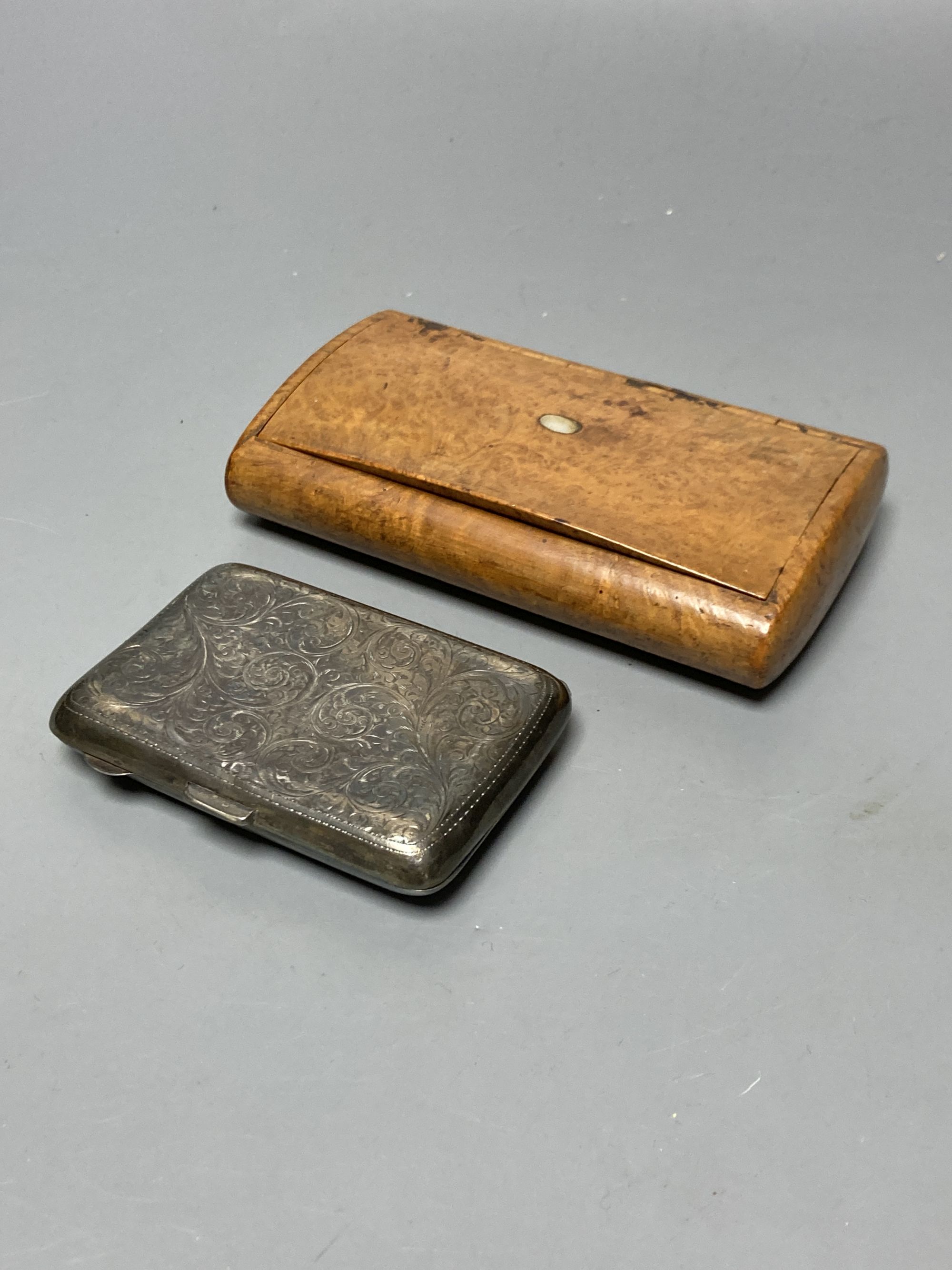 A large burr snuff box and a silver cigarette box, 8.5cm